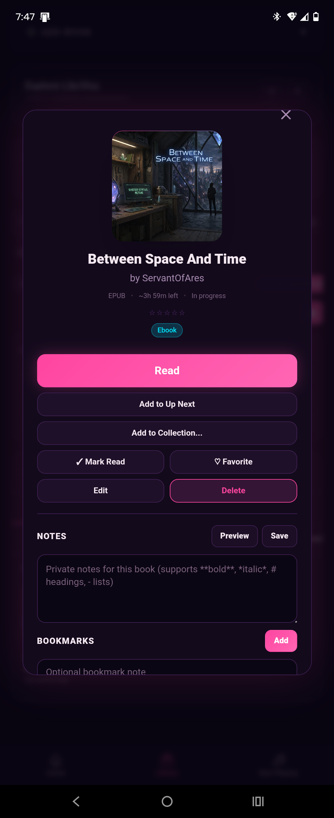 EV3RLY Library book detail page — Between Space and Time by ServantOfAres
