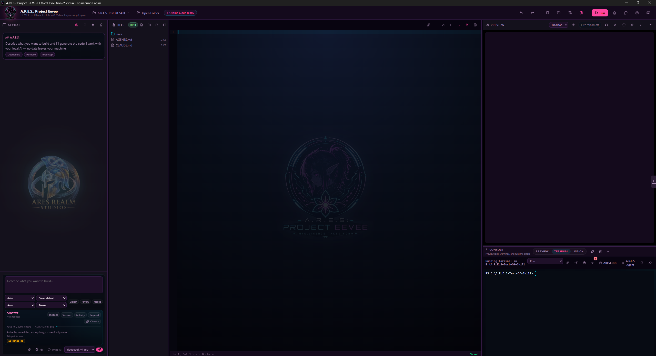 Project Eevee IDE — full workspace with AI panel, file tree, editor, preview, and terminal
