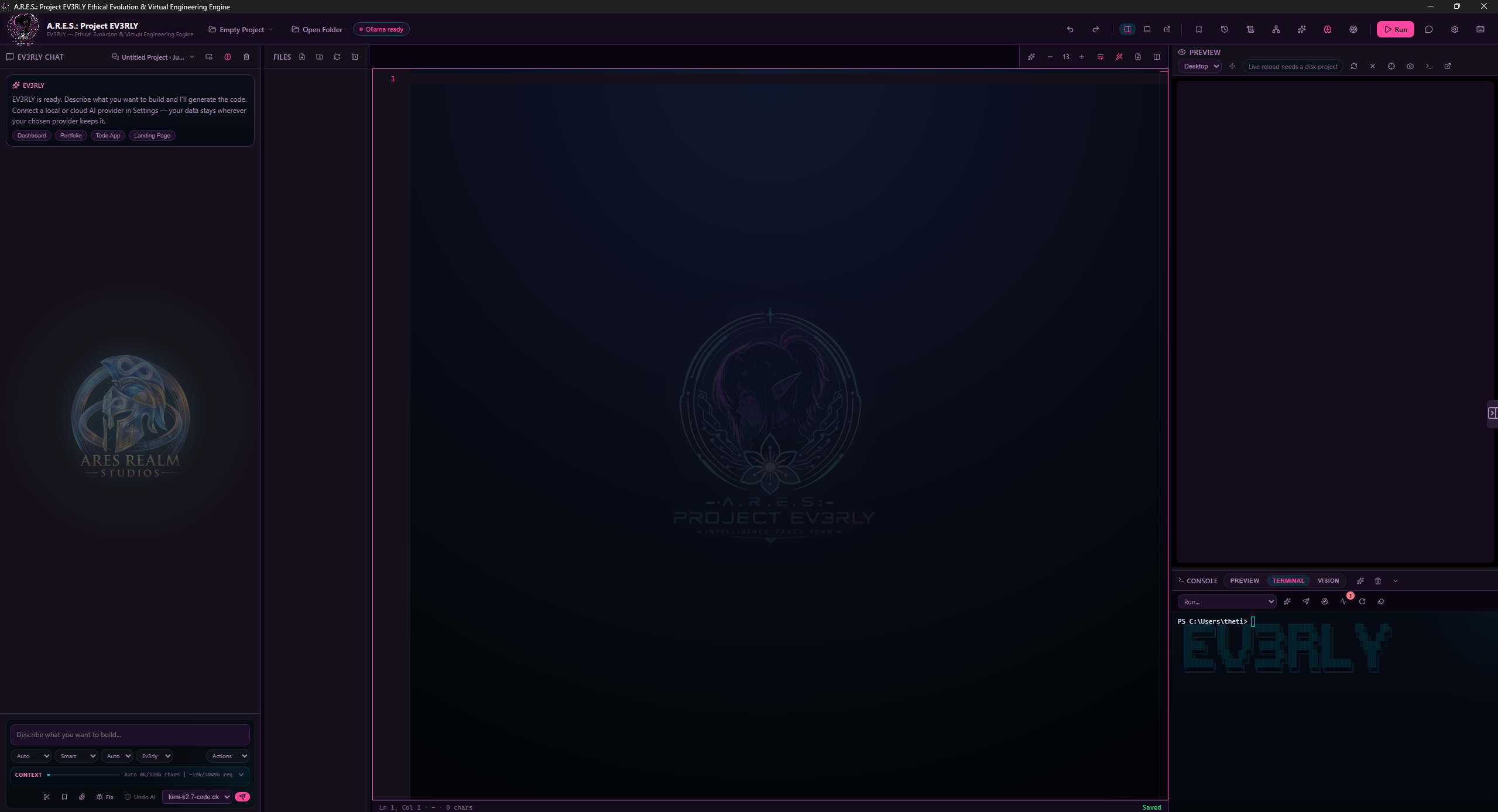 Project EV3RLY IDE — full workspace with AI panel, file tree, editor, preview, and terminal