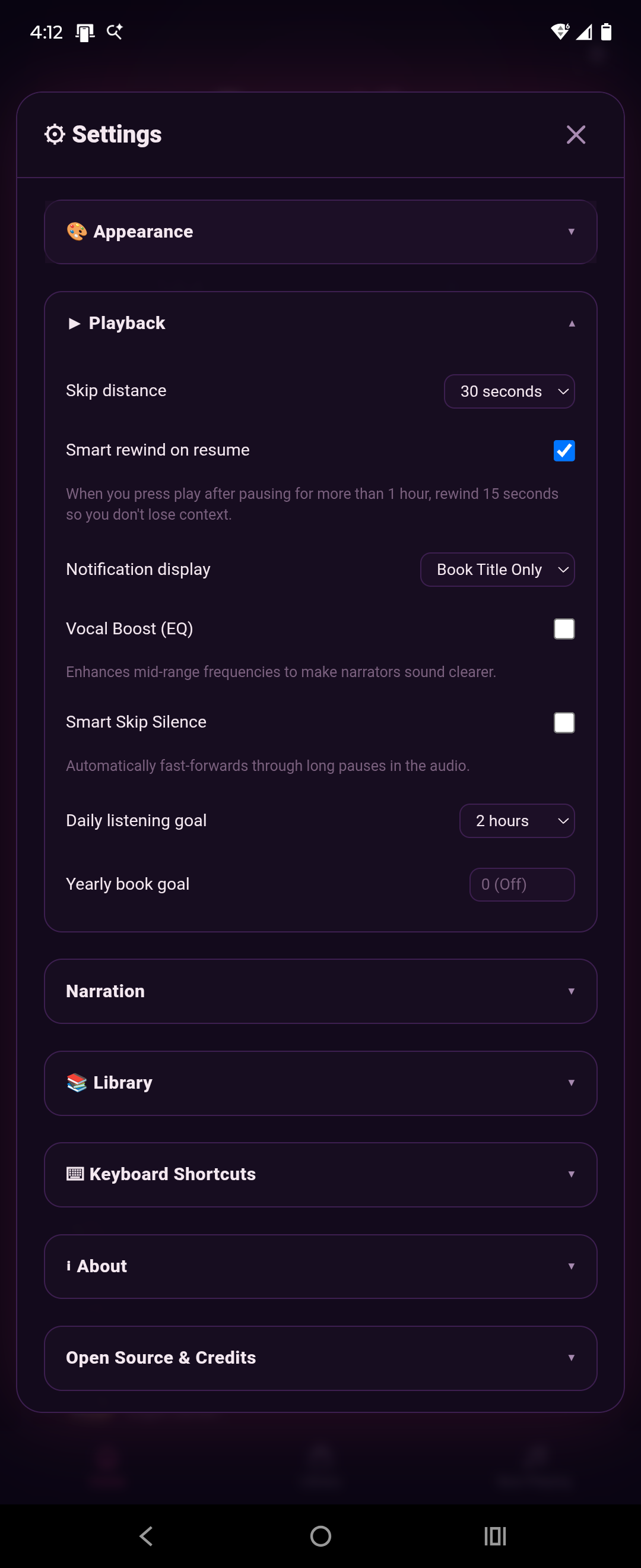 EV3RLY Library settings — audio FX, narration, goals, shortcuts