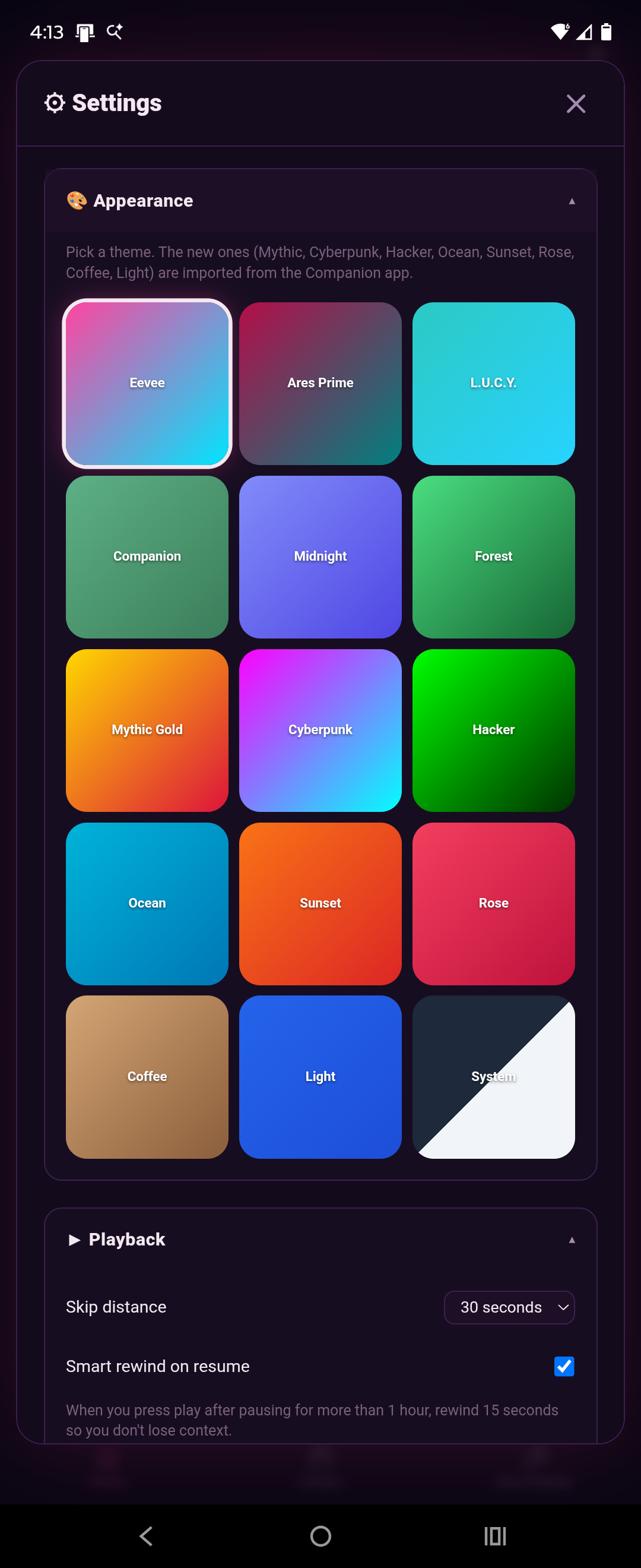 EV3RLY Library theme picker with 14 themes