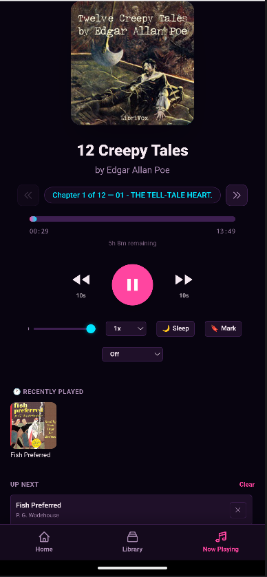 EV3RLY Library now playing — multi-chapter audiobook with speed, sleep timer, bookmarks